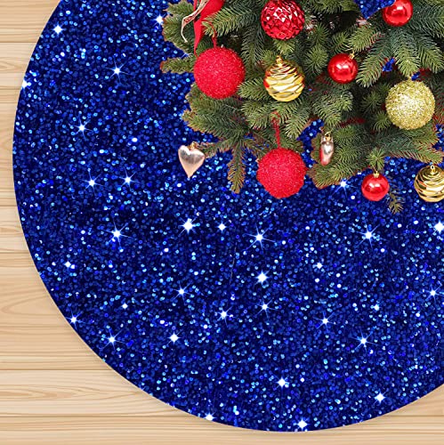 FANPROMS Royal Blue Christmas Tree Skirt 36 Inch Velour Sequin Christmas Tree Skirt Christmas Decorations for Thanksgiving Feast Sparkle Xmas Tree Skirts Round Sequin Christmas Tree Base Embroidered Tree Mat