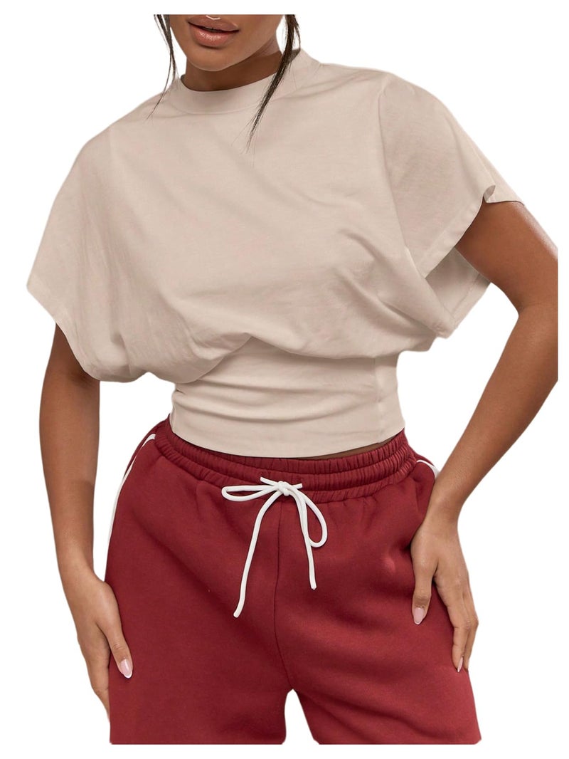 SHENHE Women's Cap Sleeve Dolman T Shirt Crew Neck Cinched Waist Loose Summer Crop Top Khaki X-Large - Image 1