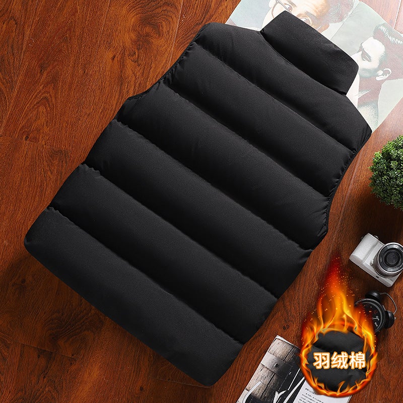 Three Bars Solid Color Light Plate Two-Open Pressure Label Zipper Pocket Winter Down Cotton Vest Thickened Stand Collar Windproof Middle Old - Image 3