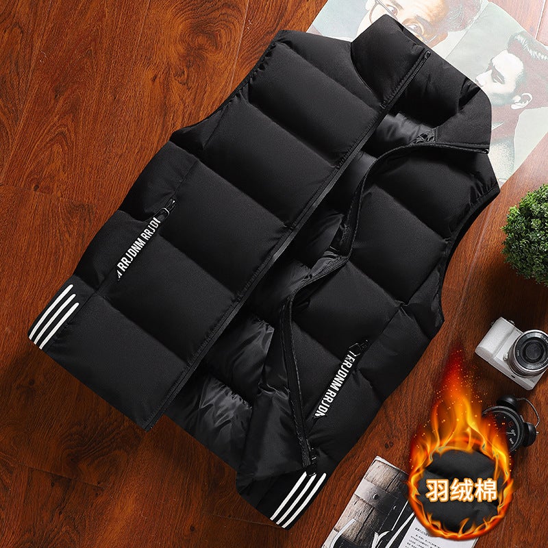 Three Bars Solid Color Light Plate Two-Open Pressure Label Zipper Pocket Winter Down Cotton Vest Thickened Stand Collar Windproof Middle Old - Image 2
