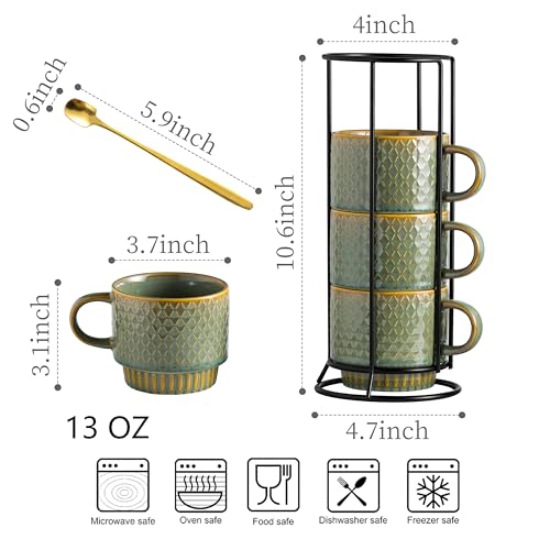 LYEOBOH Coffee Mug, Coffee Mugs Set of 4, Stackable Coffee Mugs with Rack and Spoons - 13 Oz Cup Set with Stand, Ceramic Mugs for Home & Kitchen, Blue and Green - Image 2