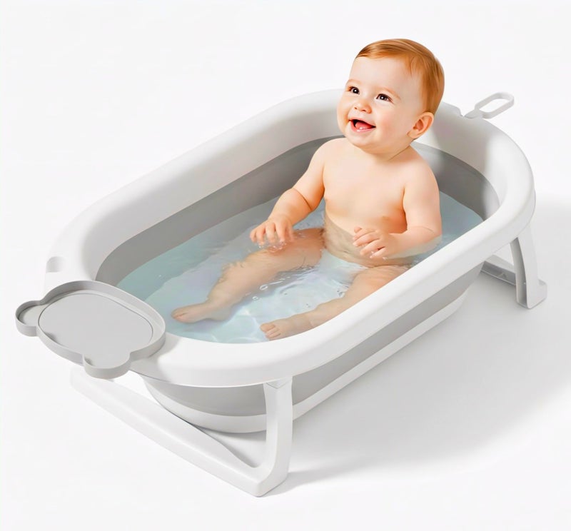 MomNess Foldable Baby Bathtub for 0–3 Years | Collapsible Portable Bath Tub with Soap Holder & Drain Plug | Non-Slip Legs, Heat Retention Design, BPA-Free Safe Material (Grey) - Image 1