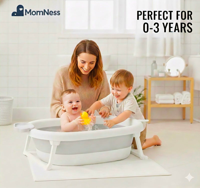 MomNess Foldable Baby Bathtub for 0–3 Years | Collapsible Portable Bath Tub with Soap Holder & Drain Plug | Non-Slip Legs, Heat Retention Design, BPA-Free Safe Material (Grey) - Image 3