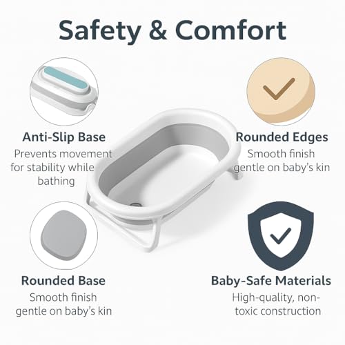MomNess Foldable Baby Bathtub for 0–3 Years | Collapsible Portable Bath Tub with Soap Holder & Drain Plug | Non-Slip Legs, Heat Retention Design, BPA-Free Safe Material (Grey) - Image 4