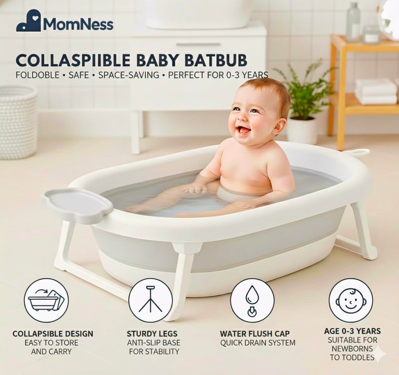 MomNess Foldable Baby Bathtub for 0–3 Years | Collapsible Portable Bath Tub with Soap Holder & Drain Plug | Non-Slip Legs, Heat Retention Design, BPA-Free Safe Material (Grey) - Image 2