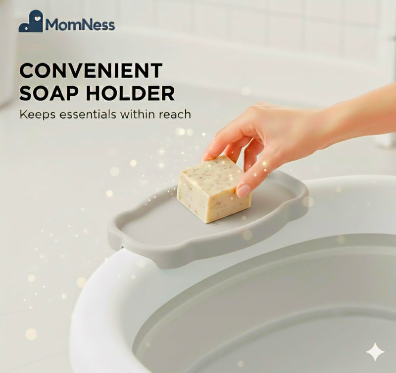 MomNess Foldable Baby Bathtub for 0–3 Years | Collapsible Portable Bath Tub with Soap Holder & Drain Plug | Non-Slip Legs, Heat Retention Design, BPA-Free Safe Material (Grey) - Image 5