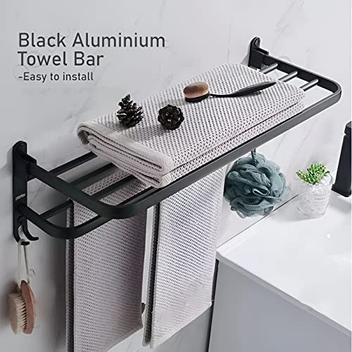 Plantex Aluminium Folding Towel Rack with Fix Towel Rod/Shelf for Bathroom Storage with Removable Hooks/Bathroom Accessories - Combo (Black) - Image 5