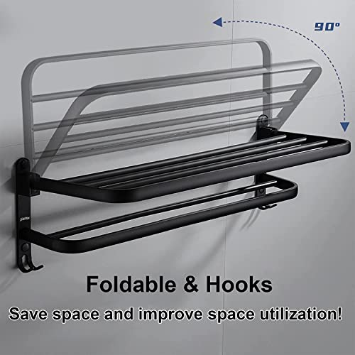 Plantex Aluminium Folding Towel Rack with Fix Towel Rod/Shelf for Bathroom Storage with Removable Hooks/Bathroom Accessories - Combo (Black) - Image 2