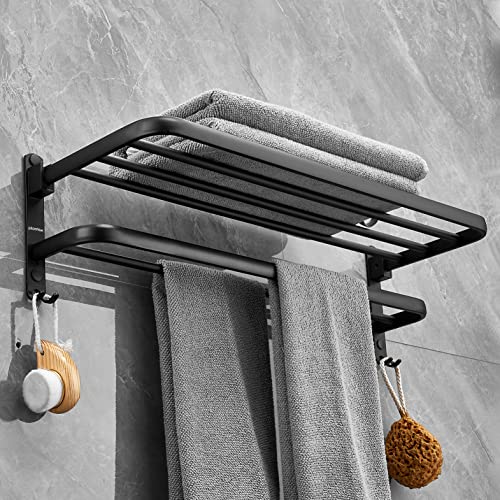 Plantex Aluminium Folding Towel Rack with Fix Towel Rod/Shelf for Bathroom Storage with Removable Hooks/Bathroom Accessories - Combo (Black) - Image 1