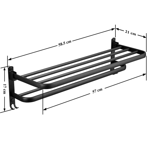 Plantex Aluminium Folding Towel Rack with Fix Towel Rod/Shelf for Bathroom Storage with Removable Hooks/Bathroom Accessories - Combo (Black) - Image 3
