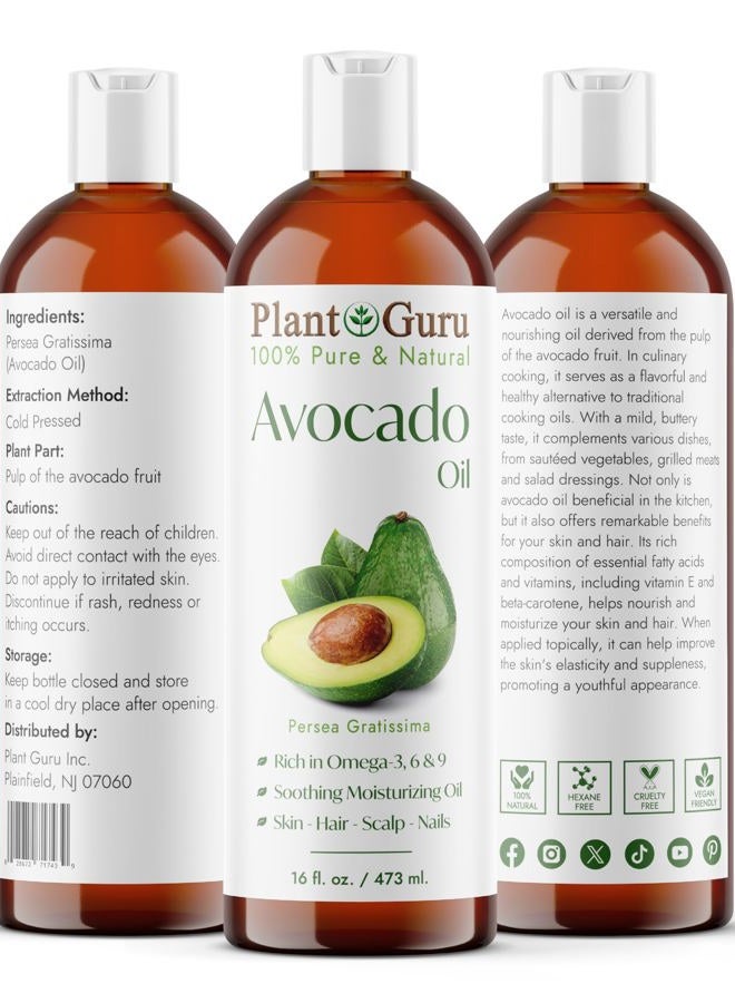 Plant Guru Avocado Oil 16 fl. oz. Cold Pressed 100% Pure Natural Carrier For Skin, Face, and Hair Growth Moisturizer. Perfect For DYI Creams, Lotions, Lip balm and Soap Making.  - Image 2