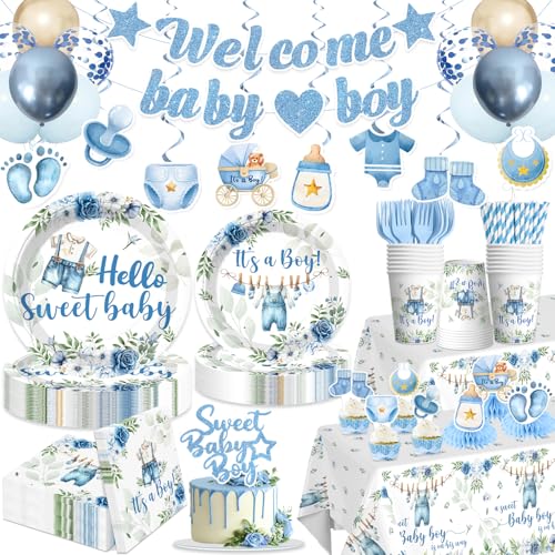 cocomigo 213PCS Blue Baby Boy Shower Decorations Tableware Set 25 Serves Disposable Plates and Napkins Set with Cake Topper Centerpieces Banner Tablecloth for Baby Boy Baby Shower Decorations - Image 1