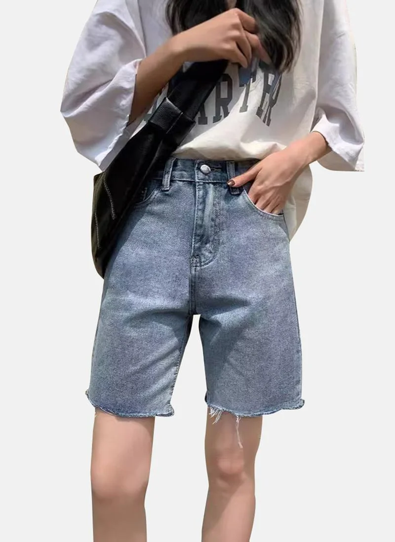 YUNIQEE Blue Slim Fit Solid Denim Shorts