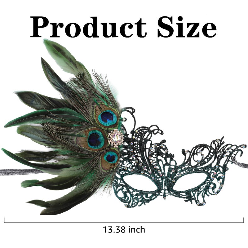 Zinniday Green Masquerade Masks for Women - Handmade 1920s Peacock Feather Mask with Lace Shiny Rhinestone Venetian Eyemask for Woman Couples Carnival Prom Ball Halloween Renaissance - Image 4
