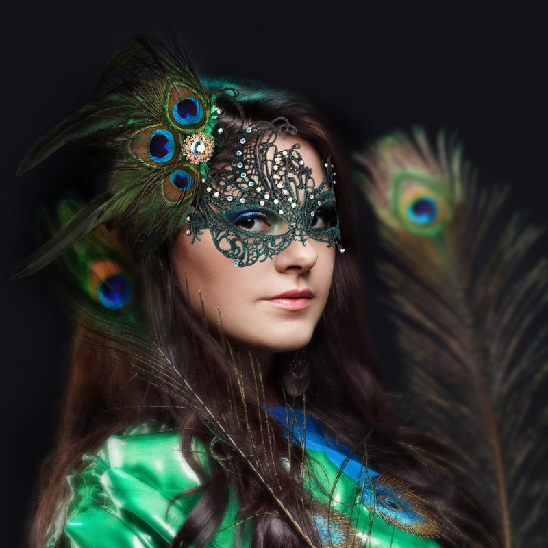 Zinniday Green Masquerade Masks for Women - Handmade 1920s Peacock Feather Mask with Lace Shiny Rhinestone Venetian Eyemask for Woman Couples Carnival Prom Ball Halloween Renaissance - Image 2
