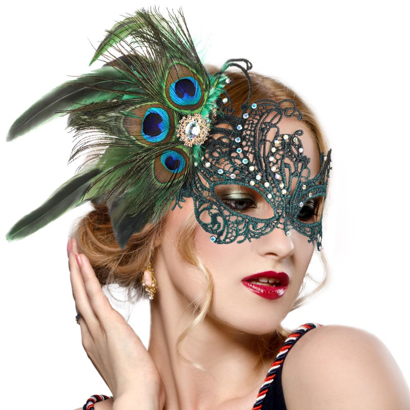 Zinniday Green Masquerade Masks for Women - Handmade 1920s Peacock Feather Mask with Lace Shiny Rhinestone Venetian Eyemask for Woman Couples Carnival Prom Ball Halloween Renaissance - Image 1
