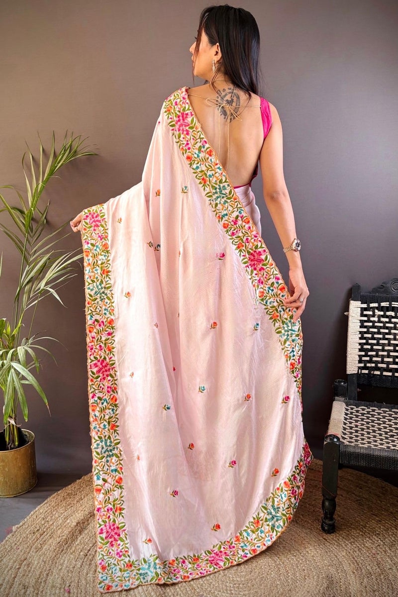 SGF11 Women's Chiffon Embroidery Border Saree With Unstitched Blouse Piece (Light Pink) - Image 4