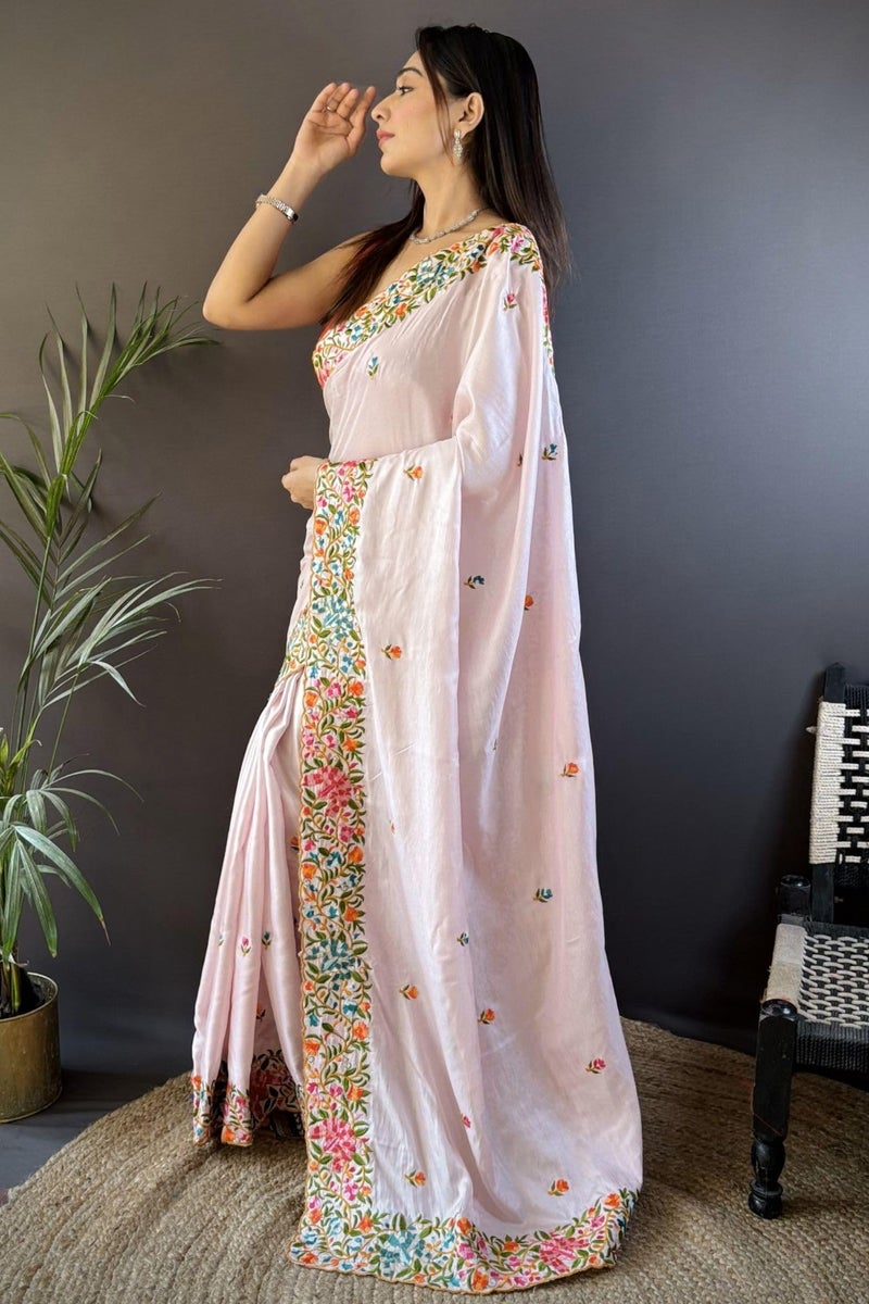 SGF11 Women's Chiffon Embroidery Border Saree With Unstitched Blouse Piece (Light Pink) - Image 5