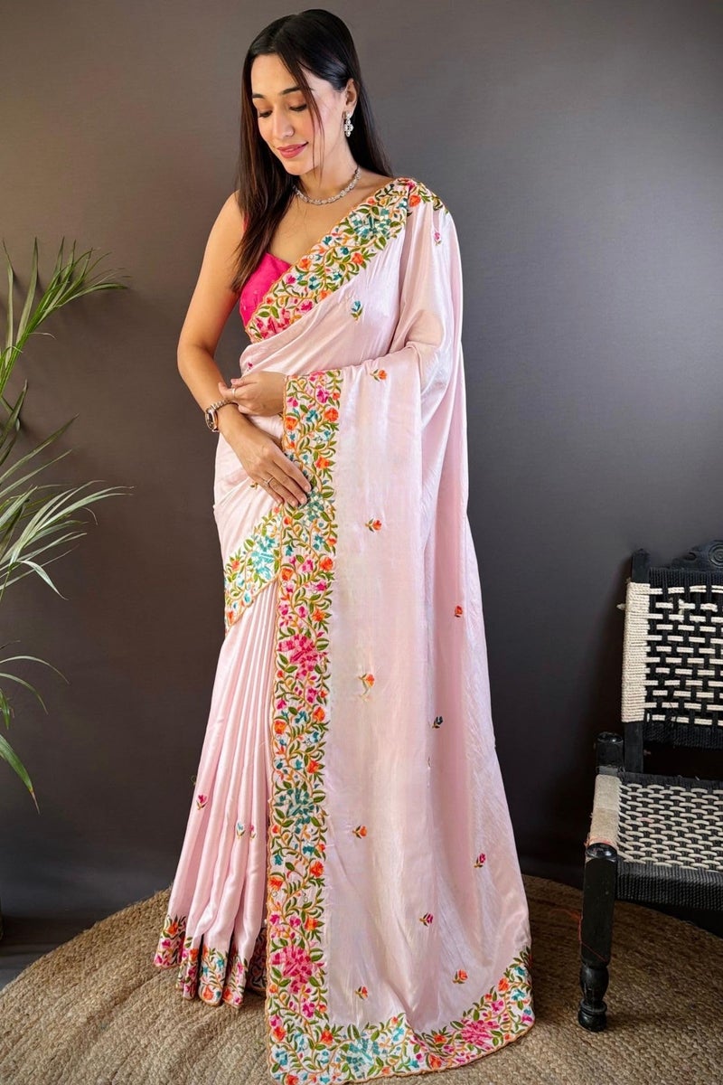 SGF11 Women's Chiffon Embroidery Border Saree With Unstitched Blouse Piece (Light Pink) - Image 2