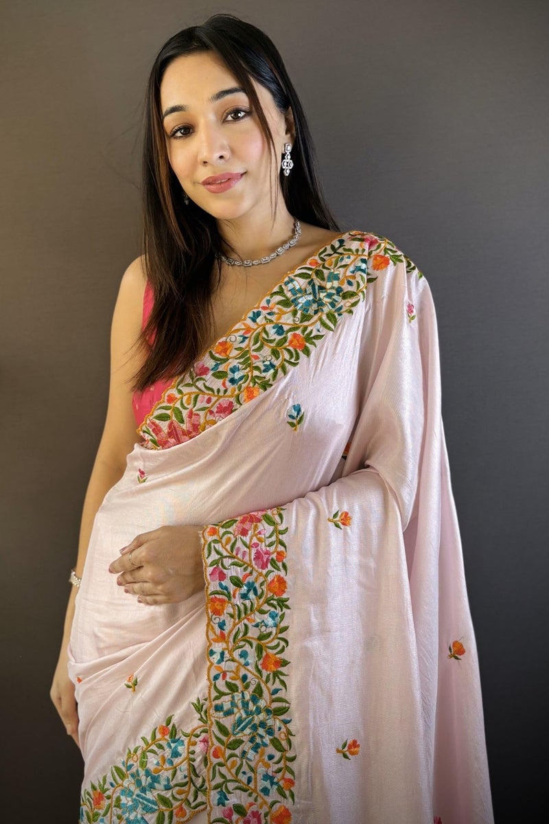 SGF11 Women's Chiffon Embroidery Border Saree With Unstitched Blouse Piece (Light Pink) - Image 3