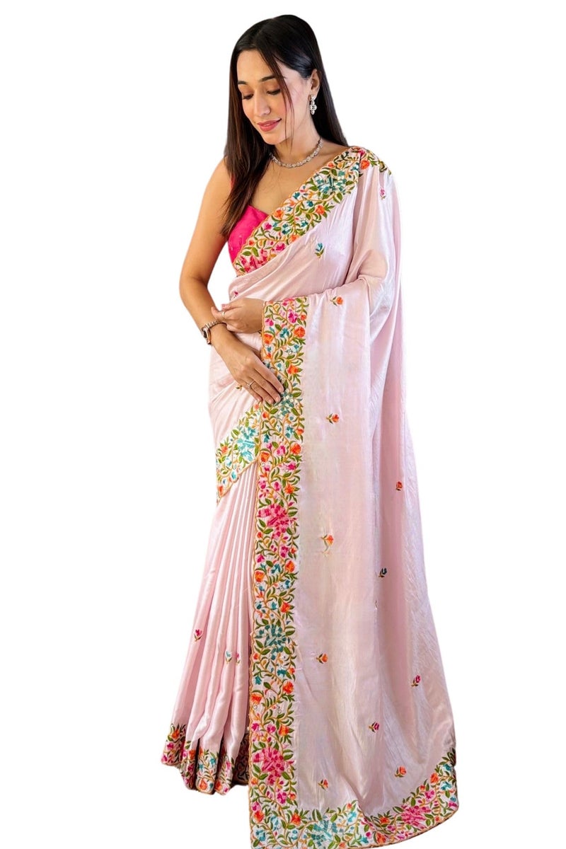 SGF11 Women's Chiffon Embroidery Border Saree With Unstitched Blouse Piece (Light Pink) - Image 1