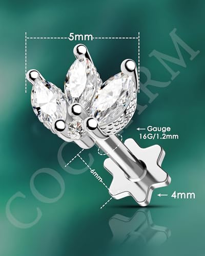 COCHARM Tragus Piercing Jewelry 16g Flat Back Flower Tragus Earring Stud Cute Silver Cartilage Earring for Women Crown Threaded Helix Stud Marquise - Image 3