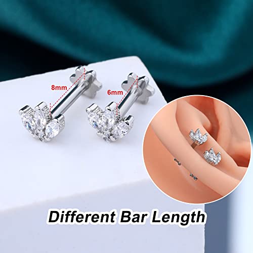COCHARM Tragus Piercing Jewelry 16g Flat Back Flower Tragus Earring Stud Cute Silver Cartilage Earring for Women Crown Threaded Helix Stud Marquise - Image 5