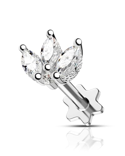 COCHARM Tragus Piercing Jewelry 16g Flat Back Flower Tragus Earring Stud Cute Silver Cartilage Earring for Women Crown Threaded Helix Stud Marquise - Image 1