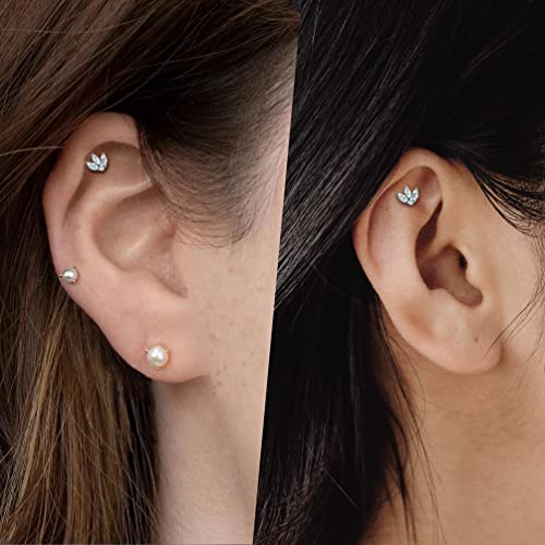 COCHARM Tragus Piercing Jewelry 16g Flat Back Flower Tragus Earring Stud Cute Silver Cartilage Earring for Women Crown Threaded Helix Stud Marquise - Image 2