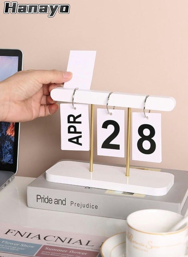 Hanayo Flip Calendar for Desk Reusable Decorative Desk Calendar Perpetual Calendar Flip Wooden Calendar Blocks Vintage Wood Block Calendar for Home Office Desk Accessories Week Month Date Display(White)  - Image 1