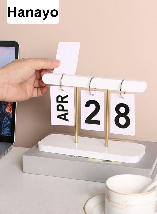 Hanayo Flip Calendar for Desk Reusable Decorative Desk Calendar Perpetual Calendar Flip Wooden Calendar Blocks Vintage Wood Block Calendar for Home Office Desk Accessories Week Month Date Display(White) - Image 1