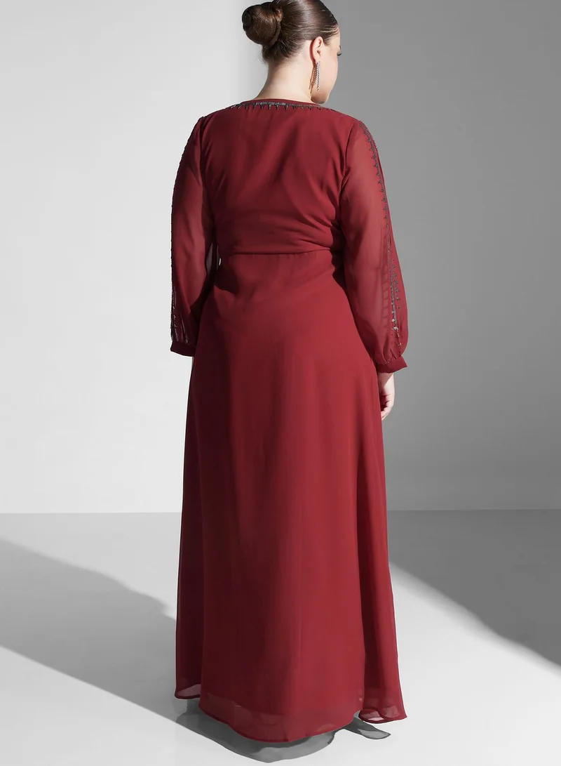 Khizana Embellished Trim Wrap Dress