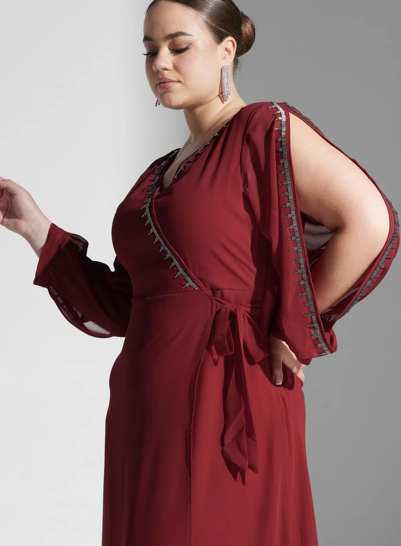 Khizana Embellished Trim Wrap Dress