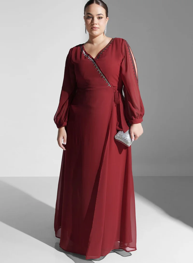 Khizana Embellished Trim Wrap Dress