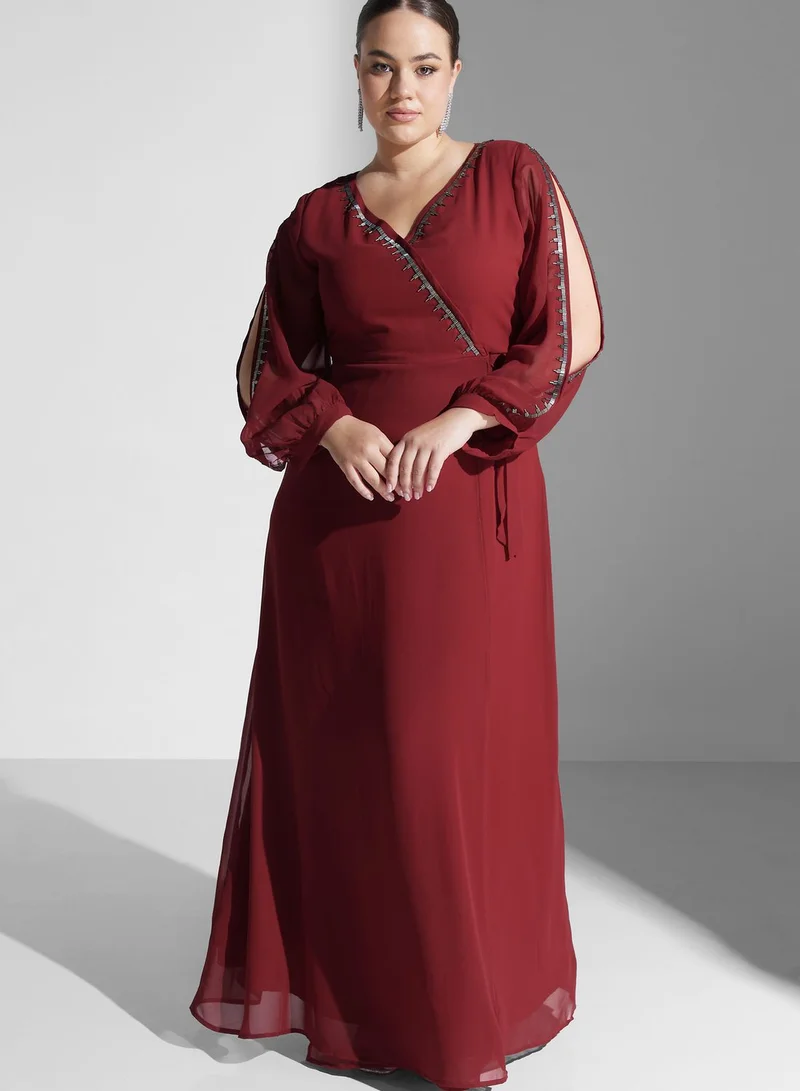Khizana Embellished Trim Wrap Dress