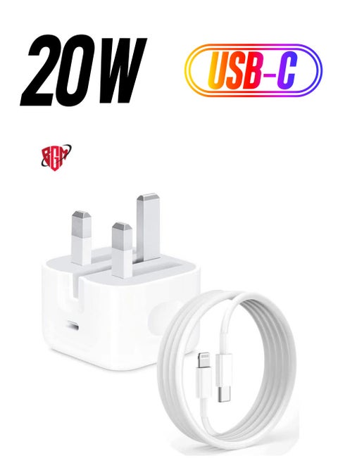iPhone 20W Fast Charger | USB-C Wall Fast Charging Adapter with 1m USB-C to Lightning Cable | Compatible with iPhone 14, 14 Pro, 14 Pro Max, 13, 12, SE 2020, 11, XR, XS Max, X, iPad