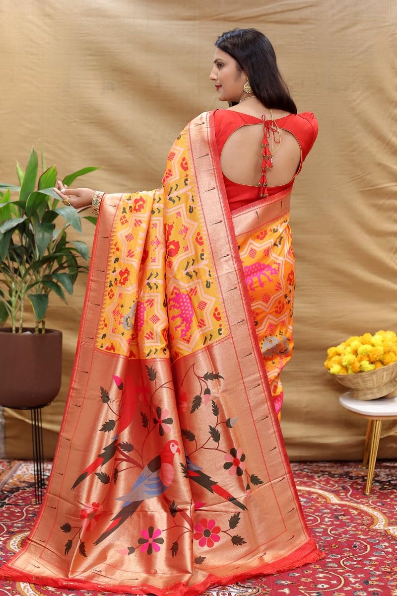 AMIRAT Paithani Patola Silk Beautiful saree For Women | Woven Zari Saree With Blouse Piece (Yellow) - Image 5