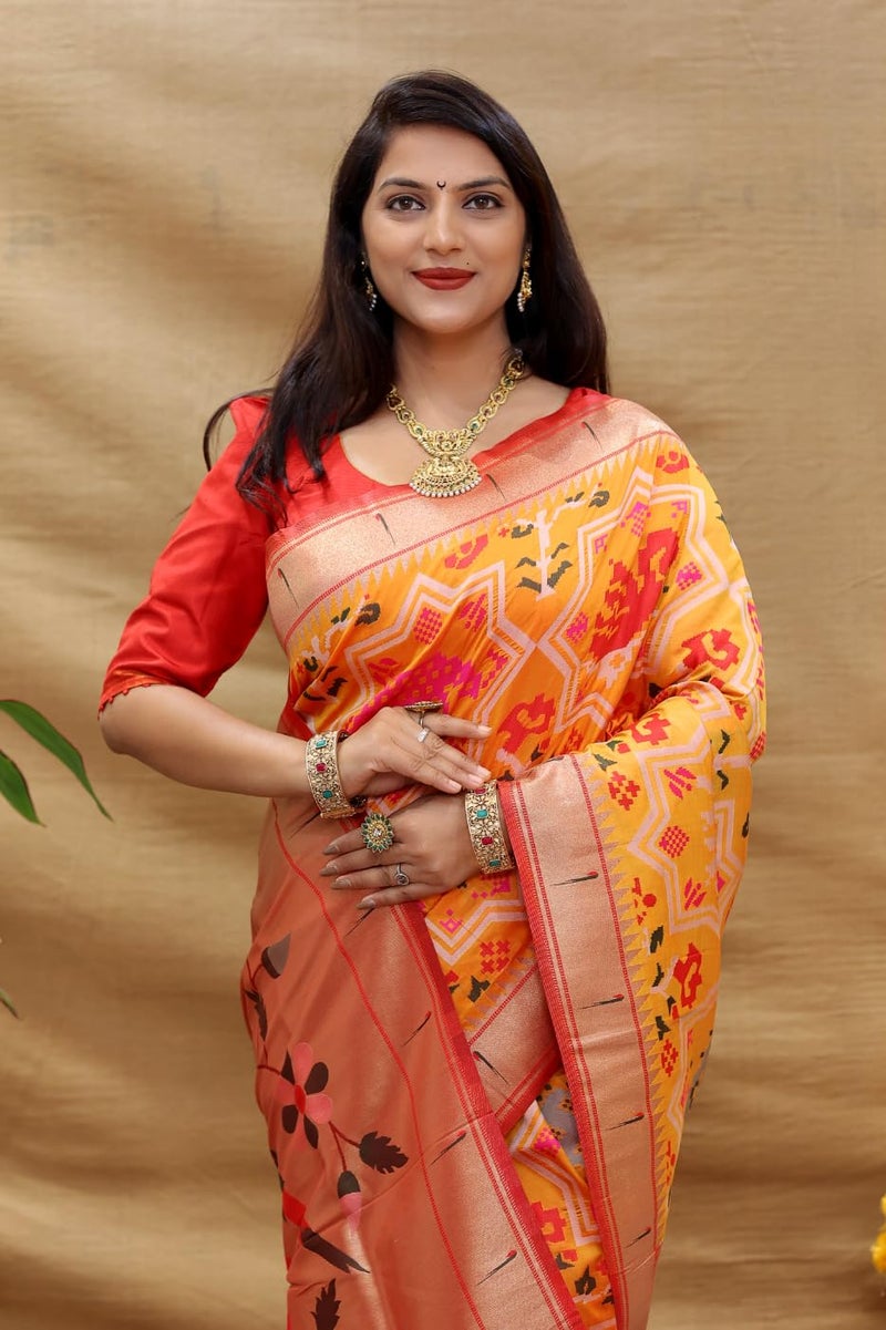 AMIRAT Paithani Patola Silk Beautiful saree For Women | Woven Zari Saree With Blouse Piece (Yellow) - Image 3