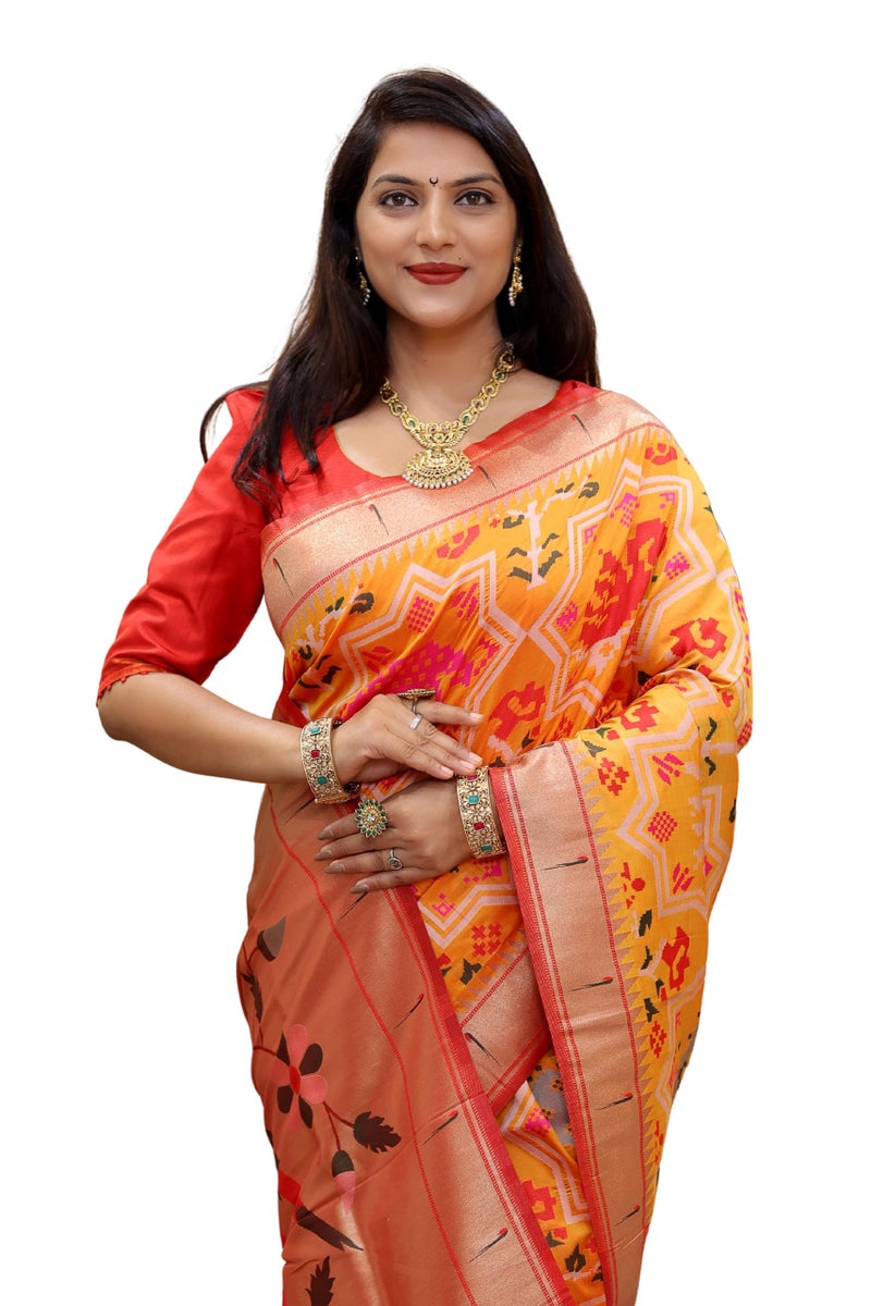 AMIRAT Paithani Patola Silk Beautiful saree For Women | Woven Zari Saree With Blouse Piece (Yellow) - Image 1