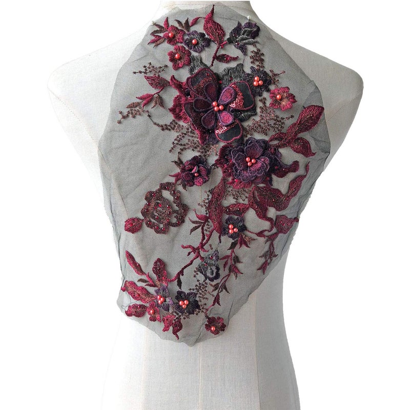 Blossom 3D Flower Applique Beaded Sequins Flower LACE Patch Bridal Wedding Dress Embossed Beading Embroidery lace Appliques Motif Sewing Craft Burgundy