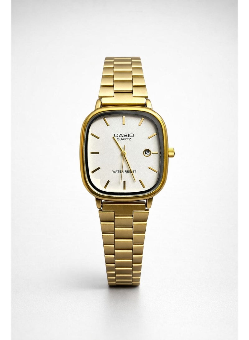 Casio Stainless Steel Watch for Unisex – White Dial Gold Stainless Steel Band Square Analog Wrist Watch with Date Display