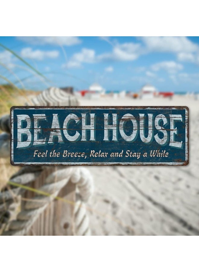 Chico Creek Signs Beach House Sign, Custom Names Blue Rustic Vintage Coastal Tin Wall Art with Starfish & Seashell Design, Beachy Home Decoration Plaque Gift, High Gloss Metal (6 x 18 in) - Image 1