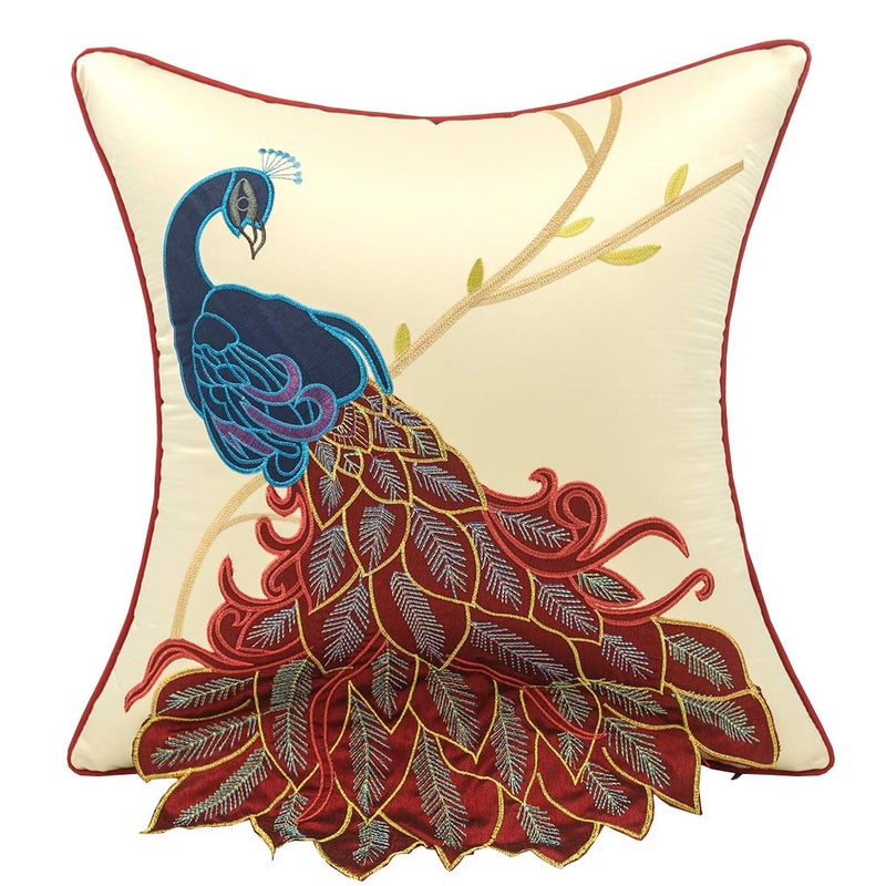 vctops Elegant Embroidered Peacock Decorative Throw Pillow Case Silky Satin Cushion Cover Red1 18"X18" - Image 1