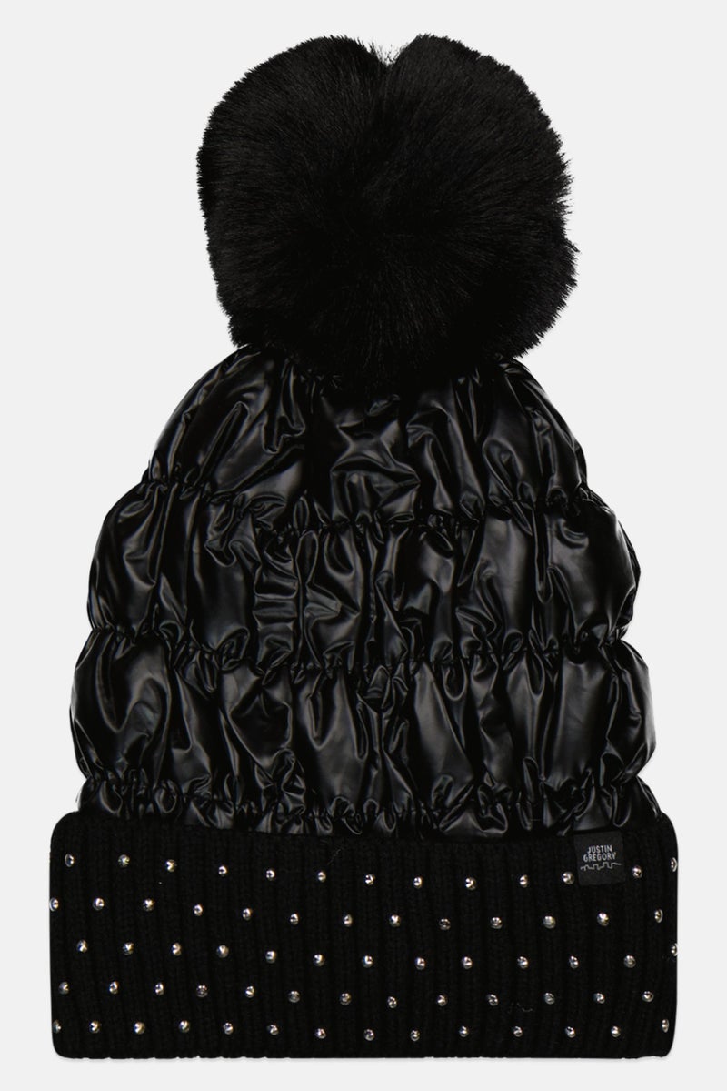 Justin Gregory Women Studded Puffer Beanie With Pom, Black  - Image 1