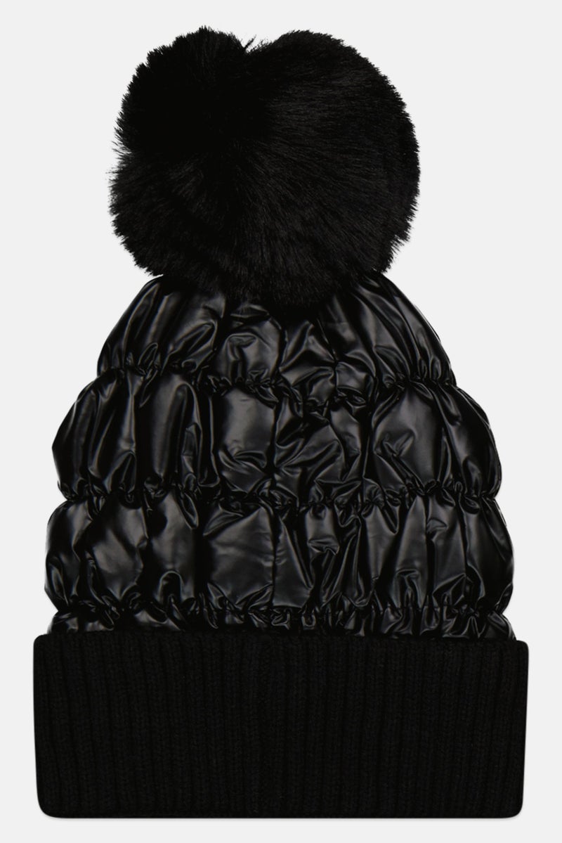Justin Gregory Women Studded Puffer Beanie With Pom, Black  - Image 2