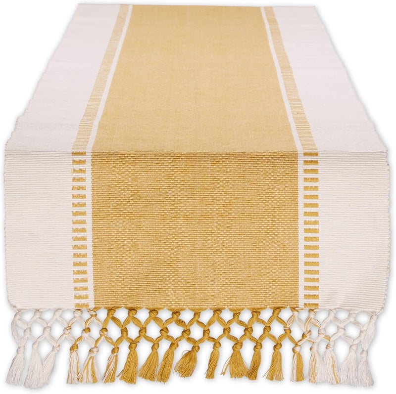 CRAZYWEAVES 60 Inch Table Runner – Cotton Fabric, Tassel Fringe, Handcrafted Yellow & White Design, Decorative Runner for Dining Table, Centerpieces & More - Image 1