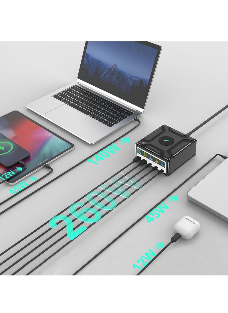 260W USB C GaN Charger - 140W 5-Port PD3.1 Charging Station for Samsung, MacBook, iPad, iPhone - Portable and High-Powered USB C Laptop Charger for Travel