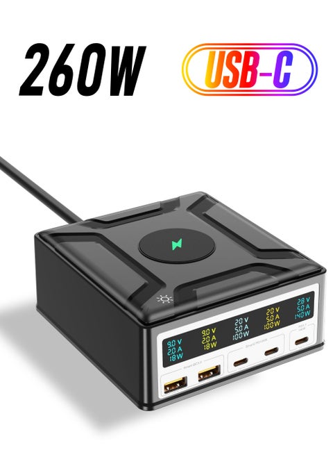 260W USB C GaN Charger - 140W 5-Port PD3.1 Charging Station for Samsung, MacBook, iPad, iPhone - Portable and High-Powered USB C Laptop Charger for Travel