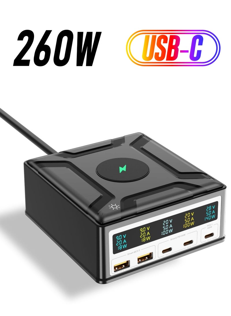 260W USB C GaN Charger - 140W 5-Port PD3.1 Charging Station for Samsung, MacBook, iPad, iPhone - Portable and High-Powered USB C Laptop Charger for Travel