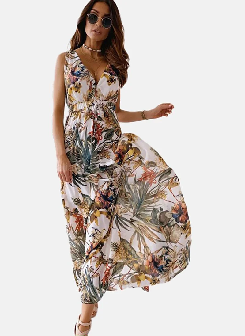 يونيكي White Floral Printed Sleeveless Maxi Dress